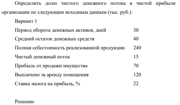 Определить долю чистого денежного потока в чистой прибыли организации по следующим исходным данным (тыс. руб.): Вариант 1 Период оборота денежных активов, дней 30