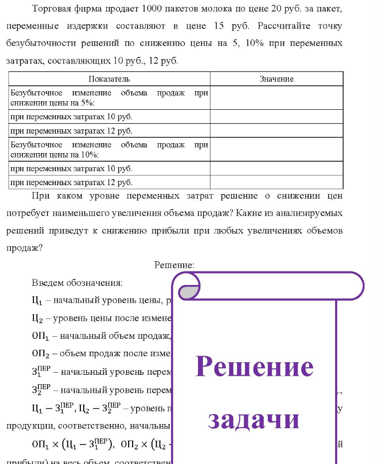 Торговая фирма продает 1000 пакетов молока по цене 20 руб. за пакет, переменные издержки составляют в цене 15 руб. Рассчитайте точку безубыточности решений по снижению цены на 5, 10% при переменных затратах, составляющих 10 руб. , 12