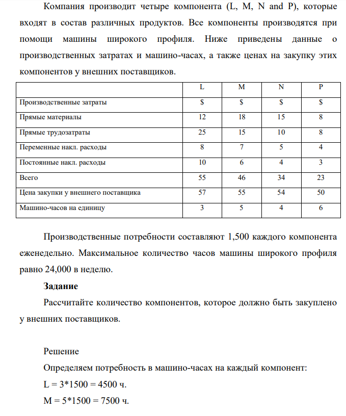 Компания производит четыре компонента (L, М, N and Р), которые входят в состав различных продуктов. Все компоненты производятся при помощи машины широкого профиля.