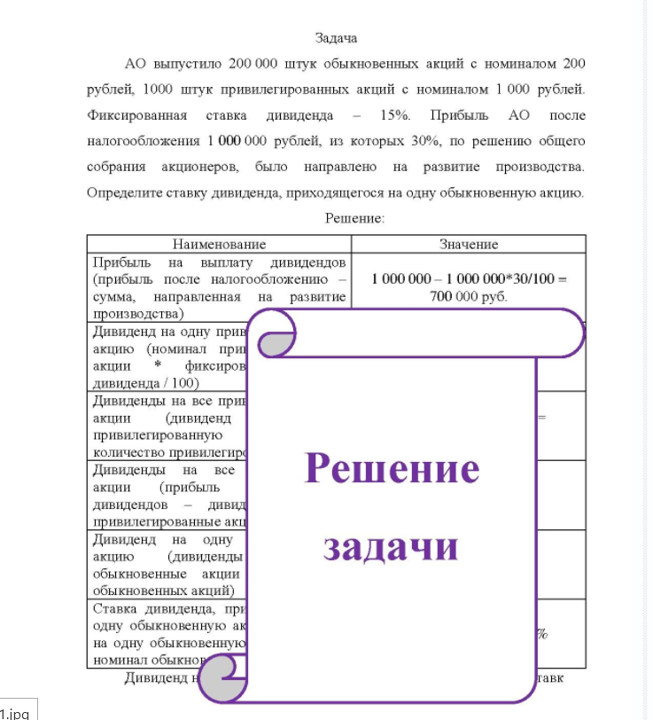 Задача АО выпустило 200 000 штук обыкновенных акций с номиналом 200 рублей, 1000 штук привилегированных акций с номиналом 1 000 рублей. Фиксированная ставка дивиденда 15%.