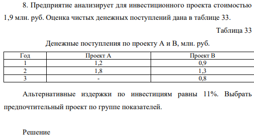 Предприятие анализирует для инвестиционного проекта стоимостью 1,9 млн. руб. Оценка чистых денежных поступлений дана в таблице 33. Таблица 33 Денежные поступления по проекту А и В, млн. руб. Год Проект А Проект В 1 1,2 0,9 2 1,8 1,3 3 - 0,8