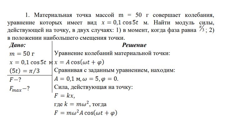 Материальная точка массой m = 50 г совершает колебания, уравнение которых имеет вид м. Найти модуль силы, действующей на точку, в двух случаях: 1) в момент, когда фаза равна 3 ; 2) в положении наибольшего смещения точки