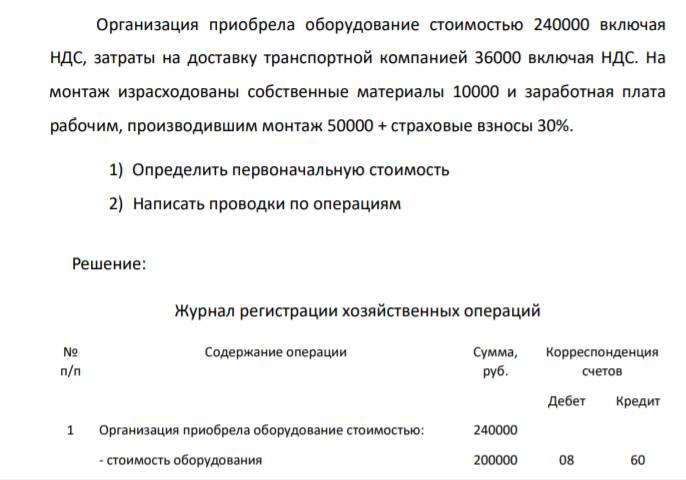 Организация приобрела оборудование стоимостью 240000 включая НДС, затраты на доставку транспортной компанией 36000 включая НДС. На монтаж израсходованы собственные материалы 10000