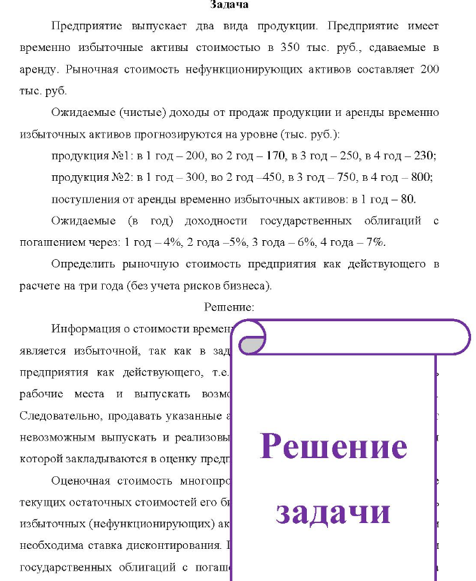 Задача Предприятие выпускает два вида продукции. Предприятие имеет временно избыточные активы стоимостыю в 350 тыс. руб., сдаваемые в аренду. Рыночная стоимость нефункционирующих активов составляет 200 тыс. руб.