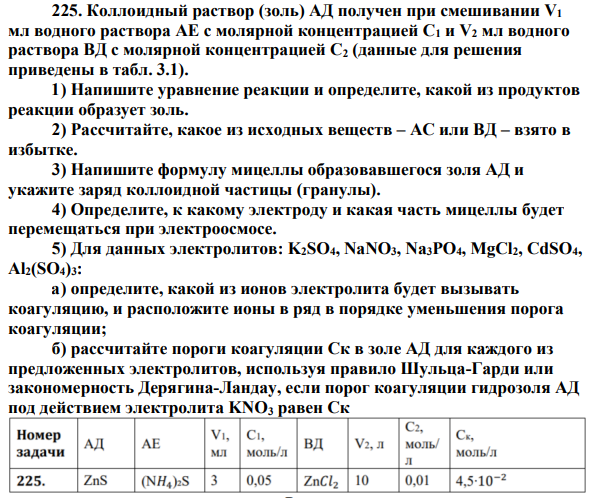 Коллоидный раствор (золь) АД получен при смешивании V1 мл водного раствора АЕ с молярной концентрацией С1 и V2 мл водного раствора ВД с молярной концентрацией С2 (данные для решения приведены в табл. 3.1).