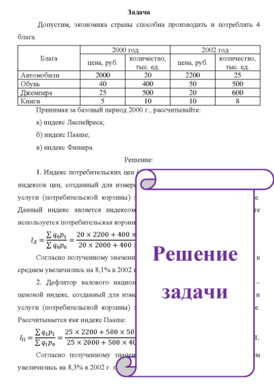 Допустим, экономика страны способна производить и потреблять 4 блага. 2000 год 2002 год Блага Автомобили Обувь Джемпера Книги цена, руб. 2000 количество, тыс ед. 20 00 500 10 цена, руб. 2200 50 количество, тыс. ед 25 500 600 Принимая за базовый период 2000 г., рассчитывайте: a) индекс Ласпейреса; б) индекс Пааше; b) индекс Фишера.