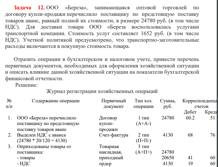 ООО «Береза», занимающаяся оптовой торговлей по договору купли-продажи перечислило поставщику по предстоящую поставку товаров аванс, равный полной их стоимости, в размере 24780 руб. (в том числе НДС). Для доставки товара ООО «Береза воспользовалась услугами транспортной компании. Стоимость услуг составляет 1652 руб. (в том числе НДС).