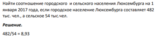 Найти соотношение городского и сельского населения Люксембурга на 1 января 2017 года, если городское население Люксембурга составляет 482 тыс. чел., а сельское 54 тыс.чел.