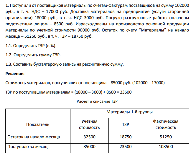 1. Поступили от поставщиков материалы по счетам-фактурам поставщиков на сумму 102000 руб., в т. ч. НДС – 17000 руб. Доставка материалов на предприятие (услуги сторонней организации) 18000 руб., в т. ч. НДС 3000 руб. Погрузо-разгрузочные работы оплачены подотчетным лицом – 8500 руб.