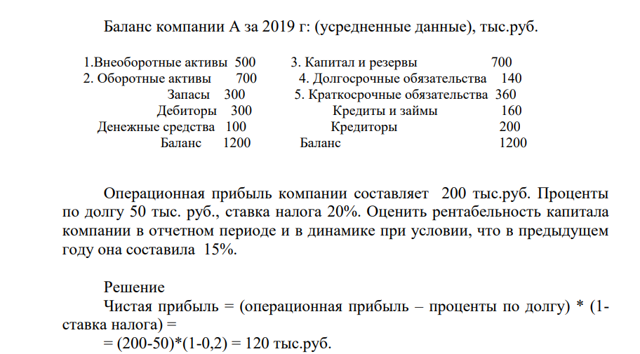 Баланс компании А за 2019 г: (усредненные данные), тыс.руб. 1.Внеоборотные активы 500 3. Капитал и резервы 700 2. Оборотные активы 700 4. Долгосрочные обязательства 140 Запасы 300 5. Краткосрочные обязательства 360 Дебиторы 300 Кредиты и займы 160 Денежные средства 100 Кредиторы 200