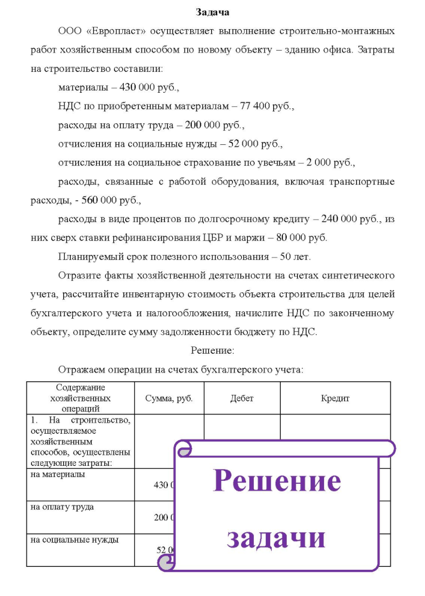 ООО «Европласт» осуществляет выполнение строительно-монтажных работ хозяйственным способом по новому объекту - зданию офиса. Затраты на строительство составили: материалы - 430 000 руб., НДС по приобретенным материалам - 77 400 руб.,