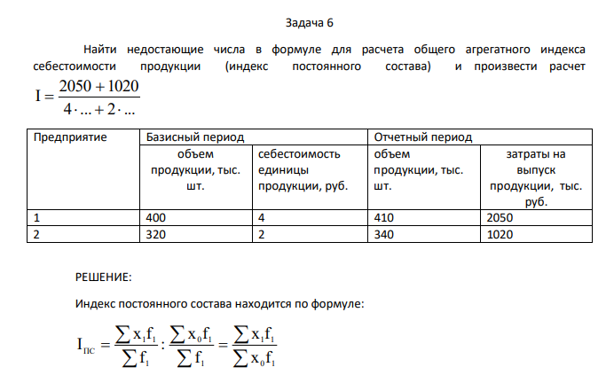 Найти недостающие числа в формуле для расчета общего агрегатного индекса себестоимости продукции (индекс постоянного состава) и произвести расчет 4 ... 2 ... 2050 1020 I Предприятие Базисный период