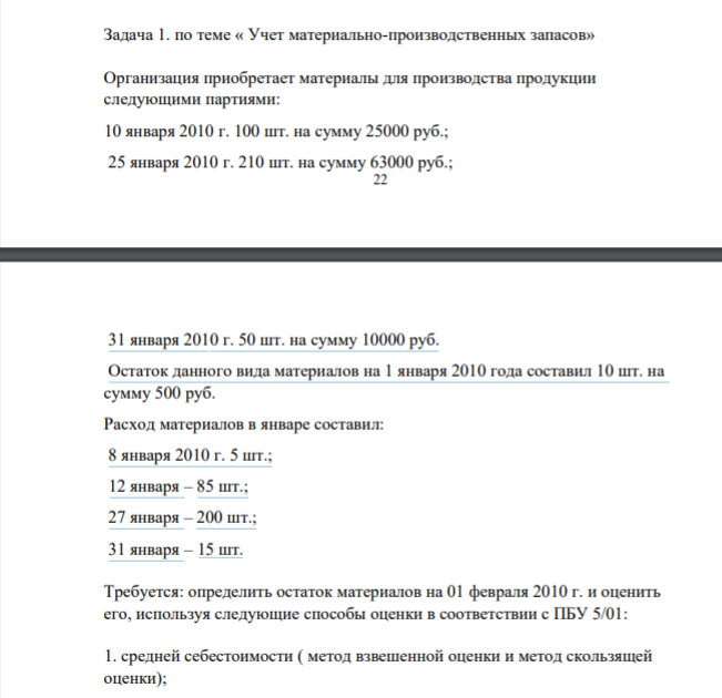 Задача 1. по теме « Учет материально-производственных запасов» Организация приобретает материалы для производства продукции следующими партиями: 10 января 2010 г. 100 шт. на сумму 25000 руб.;
