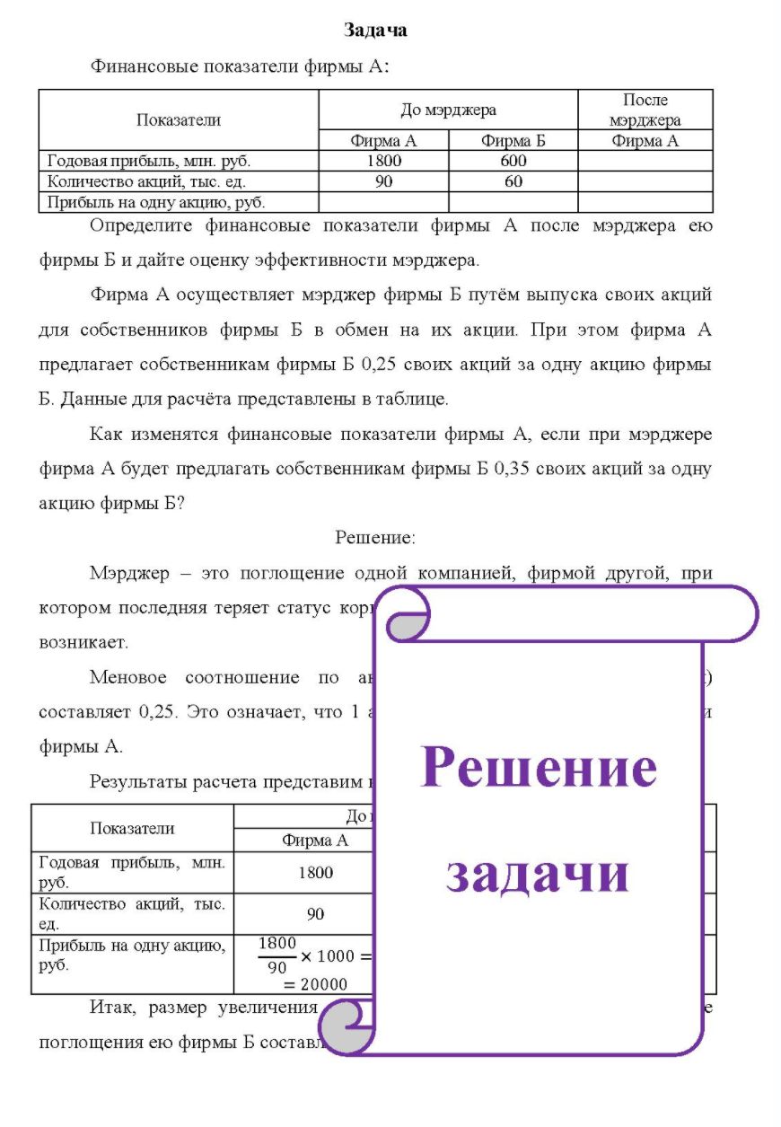 Финансовые показатели фирмы А: Показатели Фирма А До мэрджера Фирма Б После мэрджера Фирма А Годовая прибыль, млн. руб. Количество акций, тыс. ед. Прибыль на однуакцию, руб. 1800 90 600 60