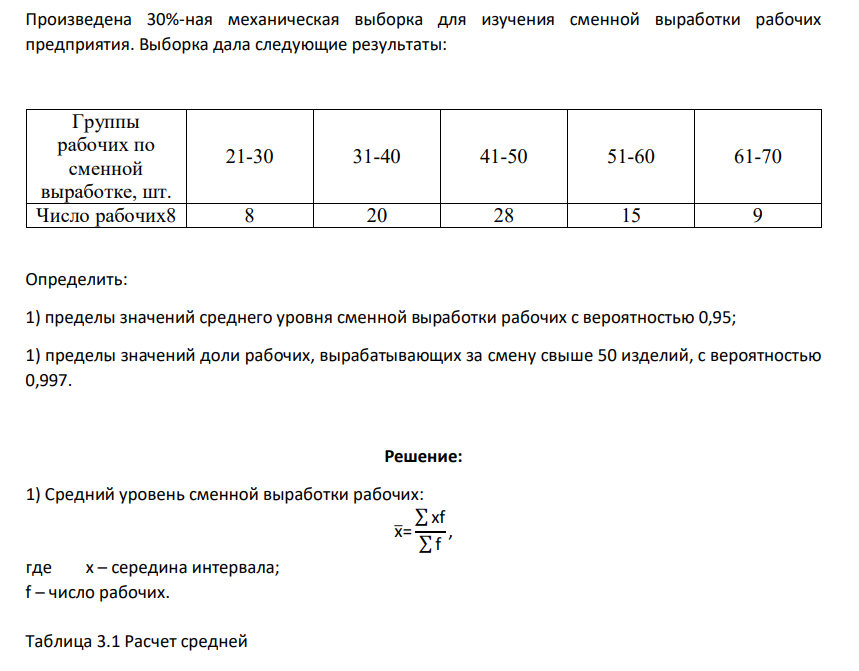 Произведена 30%-ная механическая выборка для изучения сменной выработки рабочих предприятия. Выборка дала следующие результаты: Группы рабочих по сменной выработке, шт. 21-30 31-40 41-50 51-60 61-70