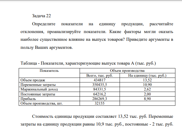 Определите показатели на единицу продукции, рассчитайте отклонения, проанализируйте показатели. Какие факторы могли оказать наиболее существенное влияние на выпуск товаров? Приведите аргументы в пользу Ваших аргументов