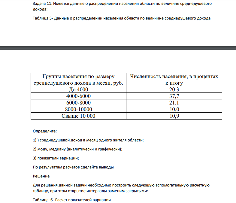 Имеется данные о распределении населения области по величине среднедушевого дохода: Таблица 5- Данные о распределении населения области по величине среднедушевого дохода Группы населения по размеру среднедушевого дохода в месяц, руб.