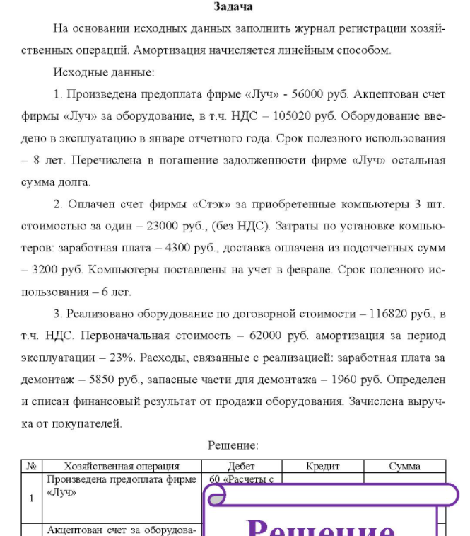 На основании исходных данных заполнить журнал регистрации хозяй- ственных операций. Амортизация начисляется линейным способом.