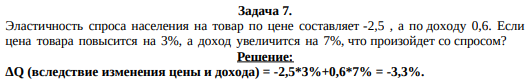 Эластичность спроса населения на товар по цене составляет -2,5 , а по доходу 0,6. Если цена товара повысится на 3%, а доход увеличится на 7%, что произойдет со спросом?