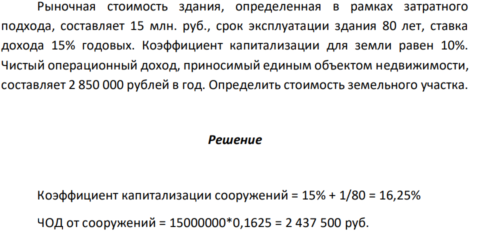 Рыночная стоимость здания, определенная в рамках затратного подхода, составляет 15 млн. руб., срок эксплуатации здания 80 лет, ставка дохода 15% годовых. Коэффициент капитализации для земли равен 10%.