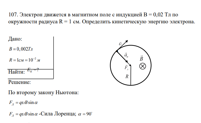 Электрон движется в магнитном поле с индукцией В = 0,02 Тл по окружности радиуса R = 1 см. Определить кинетическую энергию электрона. Дано: B 0,002Тл 2 R 1 10 см м Найти: ? EК 
