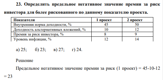 Определить предельное негативное значение премии за риск инвестора для более рискованного по данному показателю проекта. Показатели 1 проект 2 проект Внутренняя норма доходности, % 45 50 Доходность альтернативных вложений, % 10 12 Премия за риск инвестора, % 8 9 Уровень инфляции, % 12 14 а) 25; б) 23; в) 27; г) 24.