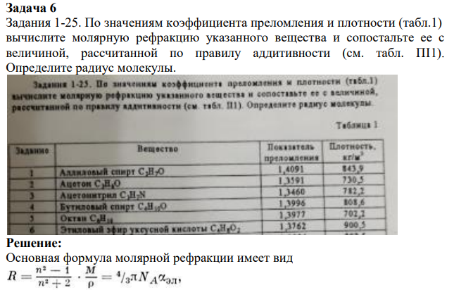 По значениям коэффициента преломления и плотности (табл.1) вычислите молярную рефракцию указанного вещества и сопостальте ее с величиной, рассчитанной по правилу аддитивности (см. табл. ПI1). Определите радиус молекулы.