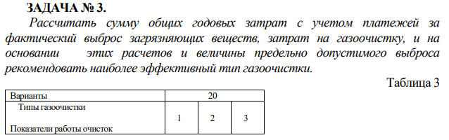 Рассчитать сумму общих годовых затрат с учетом платежей за фактический выброс загрязняющих веществ, затрат на газоочистку, и на основании этих расчетов и величины предельно допустимого выброса рекомендовать наиболее эффективный тип газоочистки.