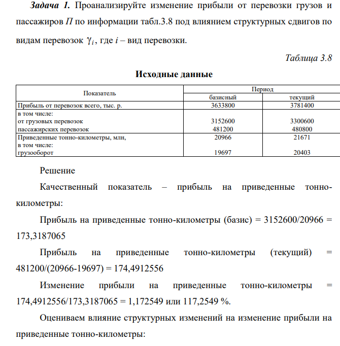 Проанализируйте изменение прибыли от перевозки грузов и пассажиров П по информации табл.3.8 под влиянием структурных сдвигов по видам перевозок i , где i – вид перевозки.