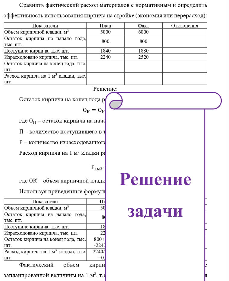Сравнить фактический расход материалов с нормативным и определить эффективность использования кирпича на стройке (экономия или перерасход): Показатели Объем кирпичной кладки, м3 Остаток кирпича на начало года, тыс. шт. Поступило кирпича, тыс.
