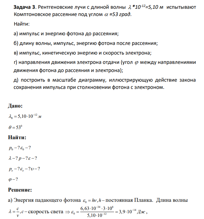 Рентгеновские лучи с длиной волны *10-12=5,10 м испытывают Комптоновское рассеяние под углом =53 град. Найти: а) импульс и энергию фотона до рассеяния; б) длину волны, импульс, энергию фотона после рассеяния;