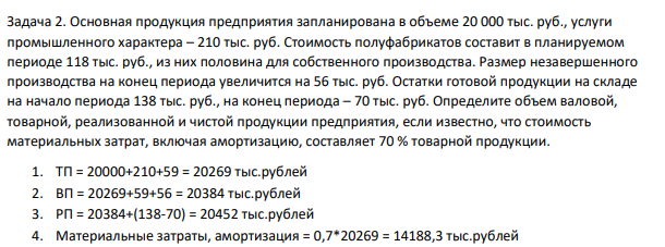 Основная продукция предприятия запланирована в объеме 20 000 тыс. руб., услуги промышленного характера – 210 тыс. руб. Стоимость полуфабрикатов составит в планируемом периоде 118 тыс. руб., из них половина для собственного производства