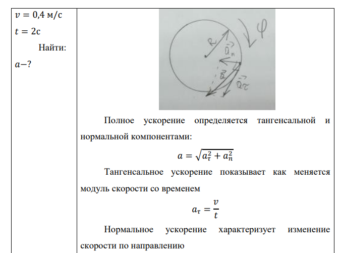 Диск вращается вокруг неподвижной оси так, что зависимость угла поворота радиуса диска от времени задается уравнением 𝜑 = 𝐴𝑡 2 (𝐴 = 0,1рад/с 2 ). Определить полное ускорение a точки на ободе диска к концу второй секунды после начала движения, если линейная скорость этой точки в этот момент 𝑣 = 0,4 м/с