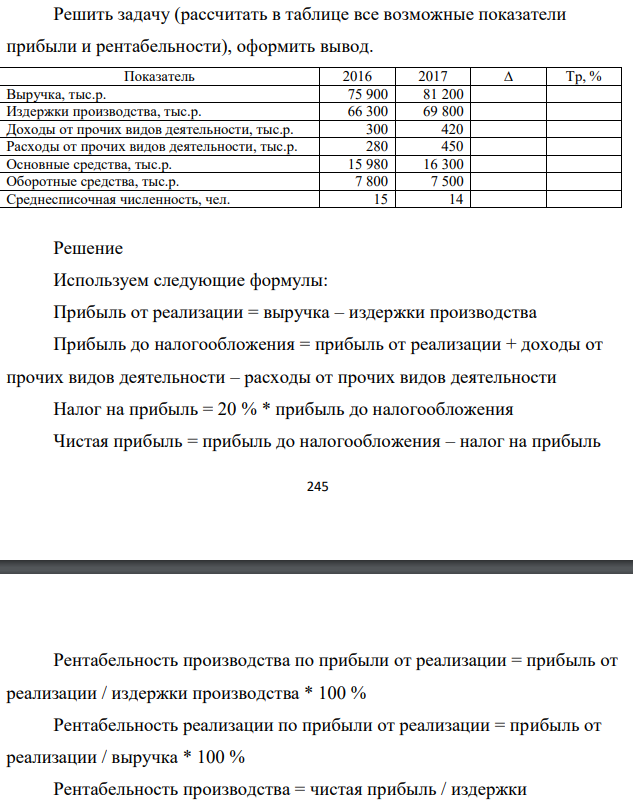 Решить задачу (рассчитать в таблице все возможные показатели прибыли и рентабельности), оформить вывод.