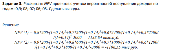 Задание 3. Рассчитать NPV проектов с учетом вероятностей поступления доходов по годам: 0,9; 08; 07; 06; 05. Сделать выводы.