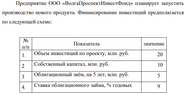 Предприятие ООО «ВолгаПроспектИнвестФонд» планирует запустить производство нового продукта. Финансирование инвестиций предполагается по следующей схеме: № п/п Показатель значение 1. Объем инвестиций по проекту, млн. руб. 20