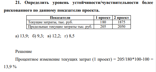 Определить уровень устойчивости/чувствительности более рискованного по данному показателю проекта. Показатели 1 проект 2 проект Текущие затраты, тыс. руб. 180 1875 Предельные текущие затраты тыс. руб. 205 2050 а) 13,9; б) 9,3; в) 12,2; г) 8,5