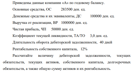 Приведены данные компании «А» по годовому балансу. Основные средства, ОС 283500 ден. ед. Денежные средства и их эквиваленты, ДС 100000 ден. ед. Выручка от реализации, ВР 1000000 ден. ед. Чистая прибыль, ЧП 50000 ден. ед. Коэффициент текущей ликвидности, ТА/ТО 3,0 ден. ед. Длительность оборота дебиторской задолженности, 40 дней