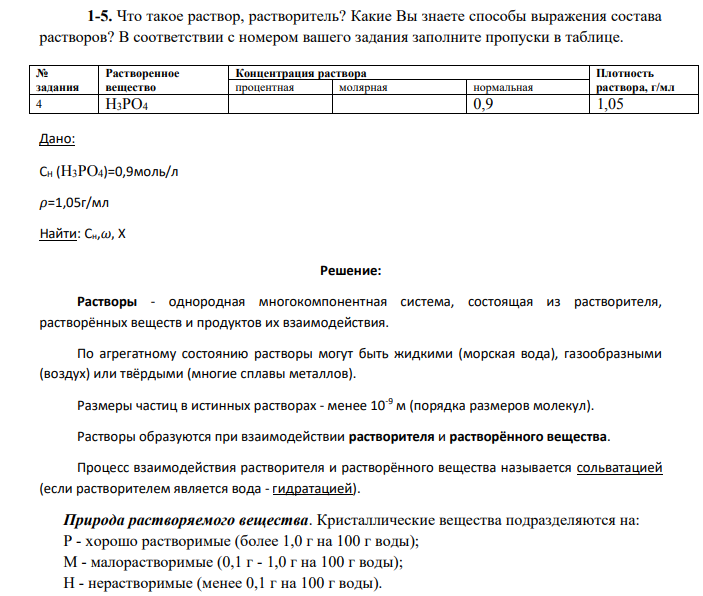 Что такое раствор, растворитель? Какие Вы знаете способы выражения состава растворов? В соответствии с номером вашего задания заполните пропуски в таблице.