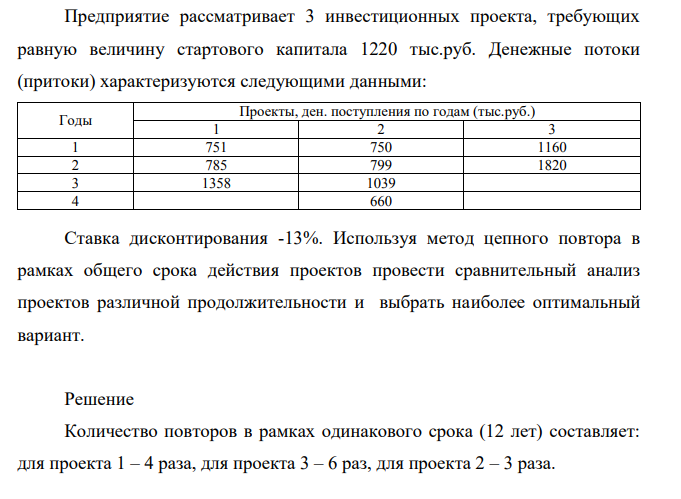 Предприятие рассматривает 3 инвестиционных проекта, требующих равную величину стартового капитала 1220 тыс.руб. Денежные потоки (притоки) характеризуются следующими данными: Годы Проекты, ден. поступления по годам (тыс.руб.) 1 2 3 1 751 750 1160 2 785 799 1820 3 1358 1039 4 660 Ставка дисконтирования -13%.