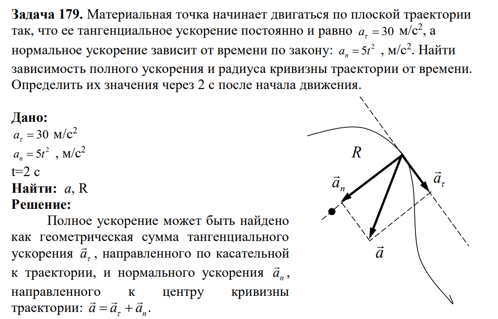 Материальная точка начинает двигаться по плоской траектории так, что ее тангенциальное ускорение постоянно и равно a 30 м/с2 , а нормальное ускорение зависит от времени по закону: 2 5 n a t , м/с2 . Найти зависимость полного ускорения и радиуса кривизны траектории от времени.