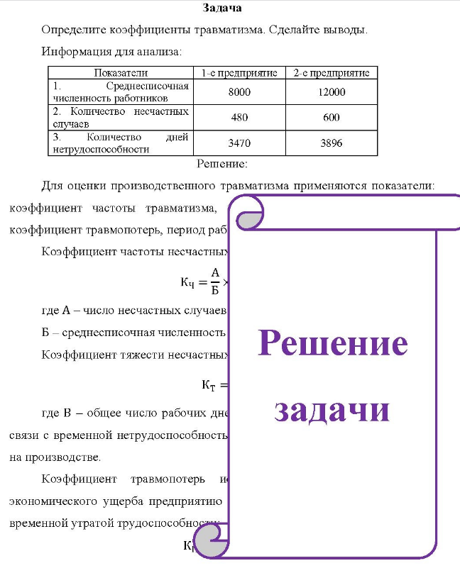 Задача Определите коэффициенты травматизма. Сделайте выводы. Информация для анализа: Показатели 1-с предприятие 2 с предприятие Среднесписочная численность работников 2. Количество несчастных случаев 3. Количество дней нетрудоспособности 8000 480 3470 12000 600 3896