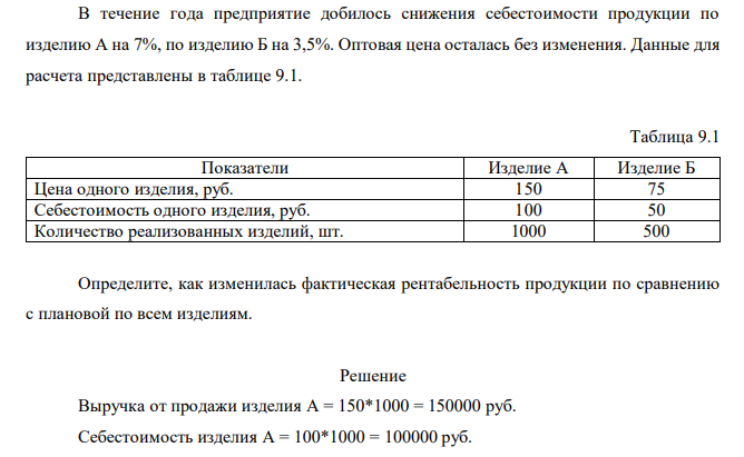 В течение года предприятие добилось снижения себестоимости продукции по изделию А на 7%, по изделию Б на 3,5%. Оптовая цена осталась без изменения. Данные для расчета представлены в таблице 9.1. Таблица 9.1 Показатели