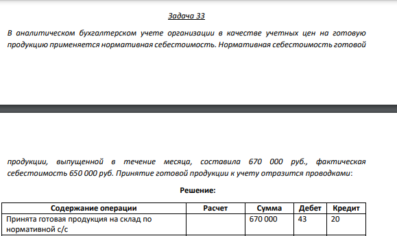 Задача 33 В аналитическом бухгалтерском учете организации в качестве учетных цен на готовую продукцию применяется нормативная себестоимость.