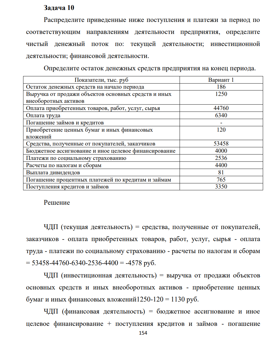 Распределите приведенные ниже поступления и платежи за период по соответствующим направлениям деятельности предприятия, определите чистый денежный поток по: текущей деятельности; инвестиционной деятельности; финансовой деятельности.
