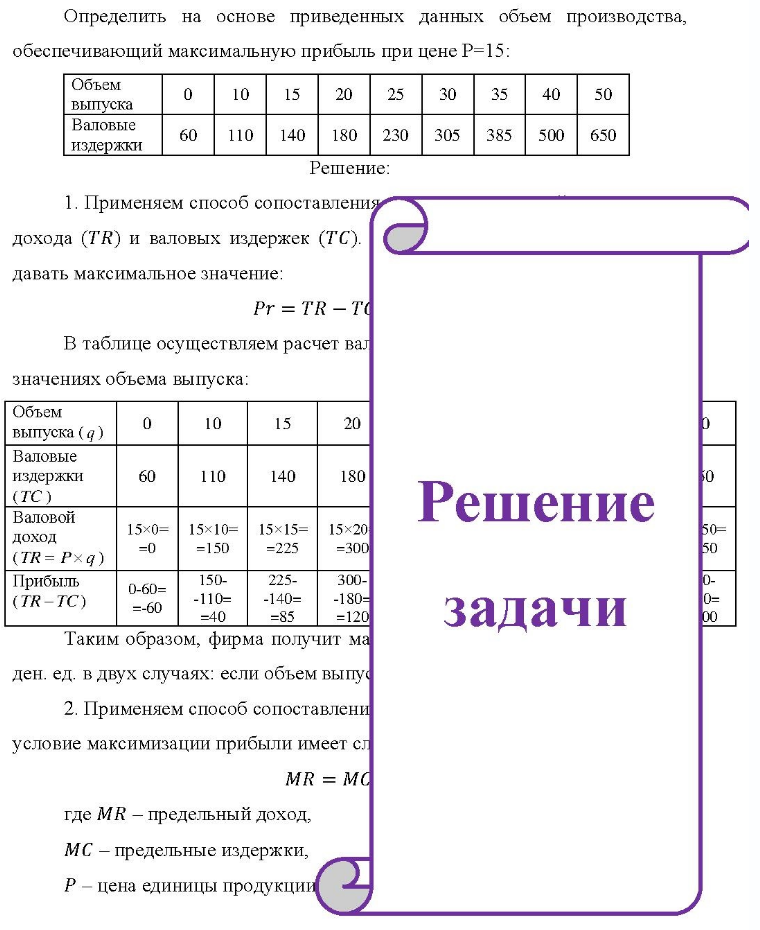 Определить на основе приведенных данных объем производства, обеспечивающий максимальную прибыль при цене Р=15: Объем выпуска Валовые издержки 60 10 11 20 25 30 40 50 140 180 230 305 385 500