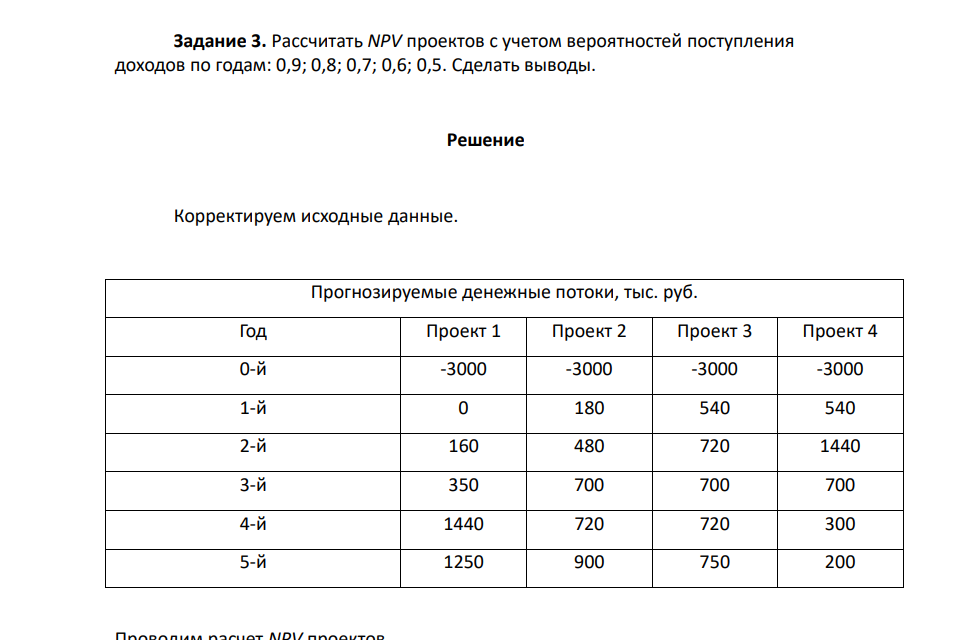 Рассчитать NPV проектов с учетом вероятностей поступления доходов по годам: 0,9; 0,8; 0,7; 0,6; 0,5. Сделать выводы.