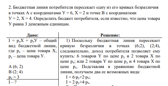 Бюджетная линия потребителя пересекает одну из его кривых безразличия в точках А с координатами У = 6, X = 2 и точке В с координатами У = 2, X = 4. Определить бюджет потребителя, если известно, что цена товара У равна 3 денежным единицам.