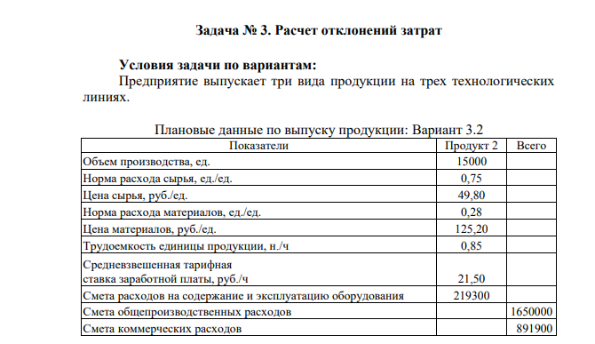 Предприятие выпускает три вида продукции на трех технологических линиях. Плановые данные по выпуску продукции: Вариант 3.2 Показатели Продукт 2 Всего Объем производства, ед. 15000 Норма расхода сырья, ед./ед. 0,75 Цена сырья, руб./ед. 49,80 Норма расхода материалов, ед./ед. 0,28 Цена материалов, руб./ед. 125,20 Трудоемкость единицы продукции, н./ч 0,85