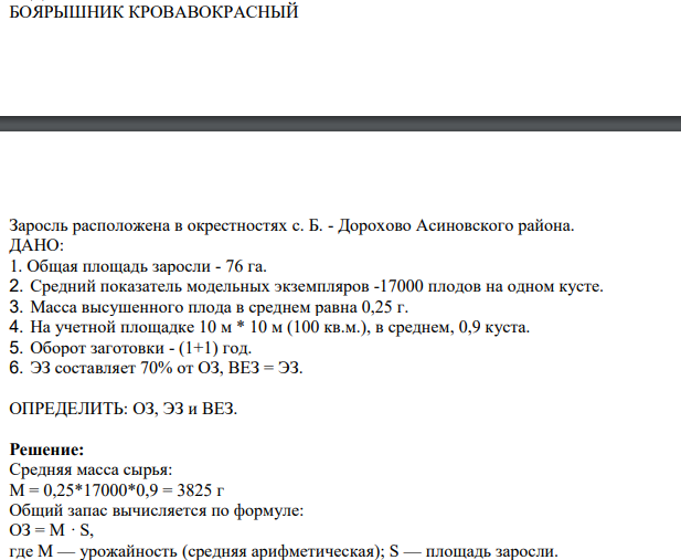 БОЯРЫШНИК КРОВАВОКРАСНЫЙ Заросль расположена в окрестностях с. Б. - Дорохово Асиновского района. ДАНО: 1. Общая площадь заросли - 76 га.